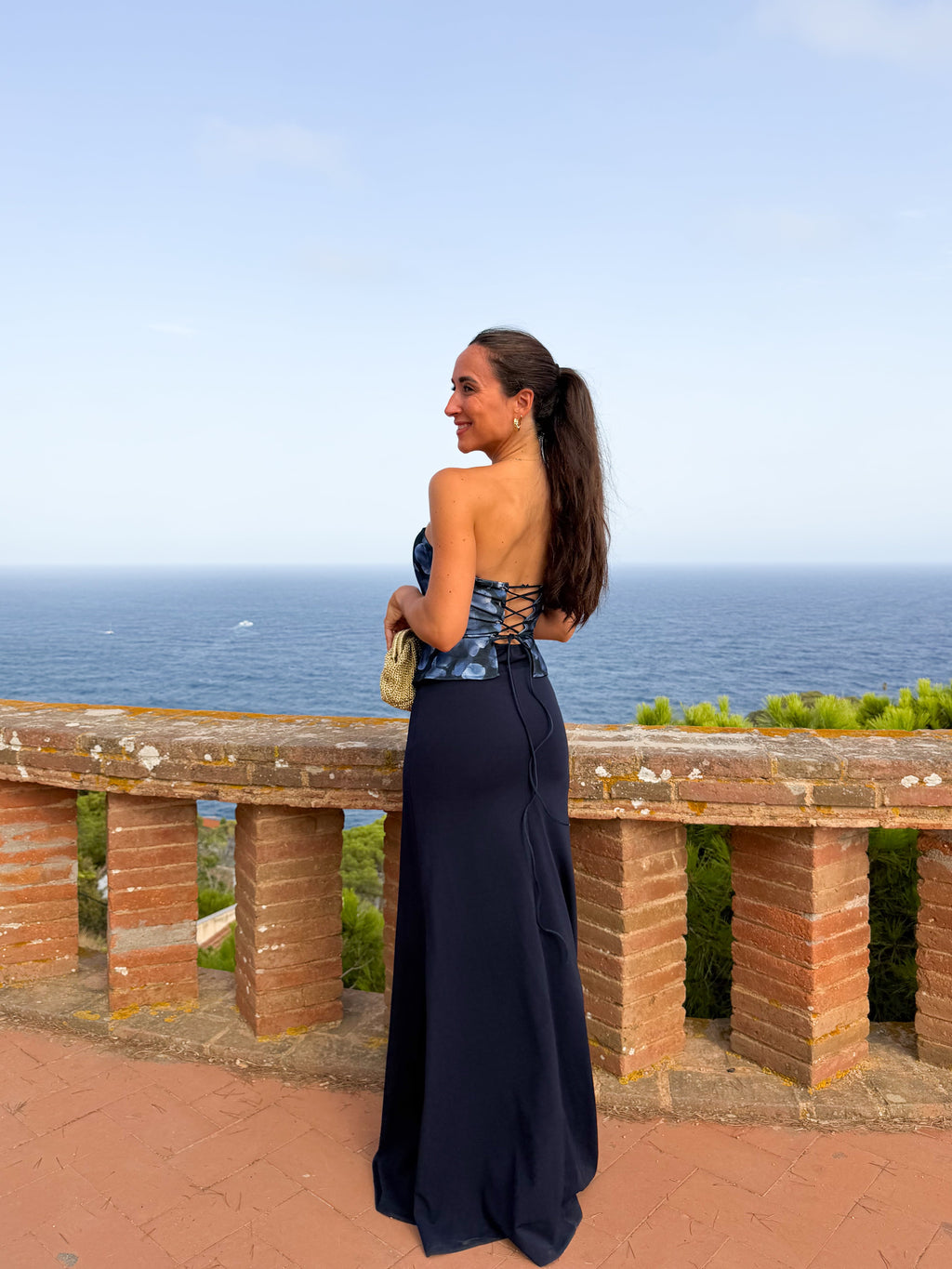 Vestido tipo espartilho com padrão marinho