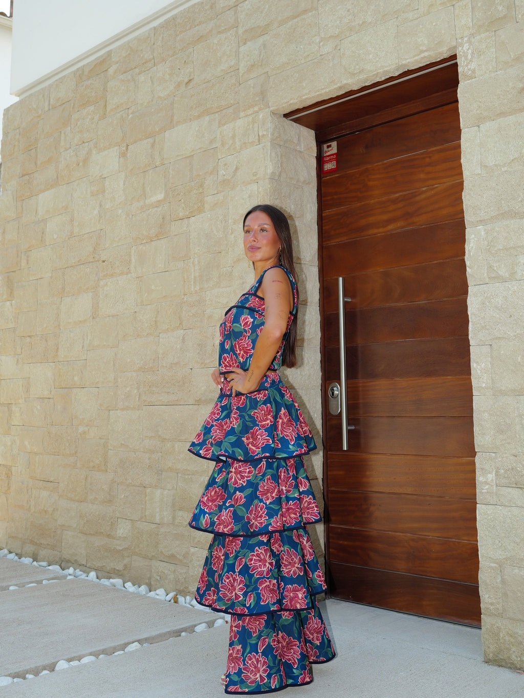 Conjunto com alças, estampado com folhos, azul-marinho