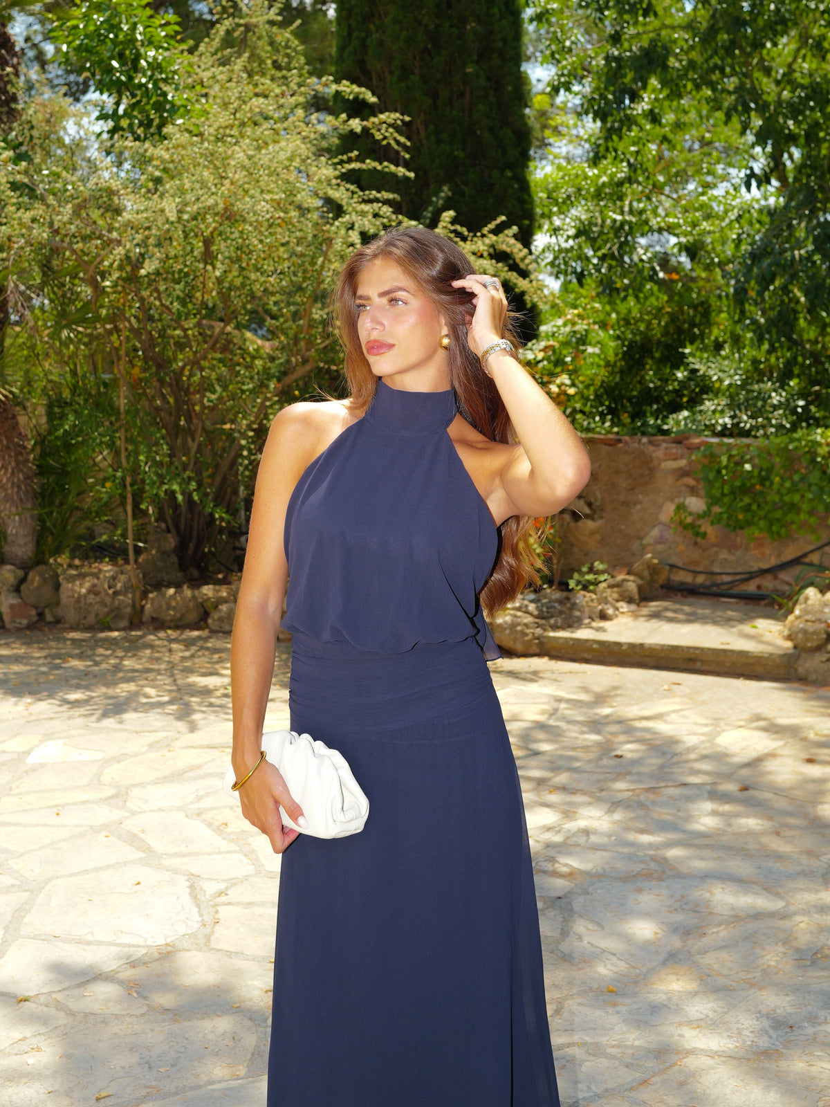 Vestido halter com cintura drapeada, cor azul-marinho