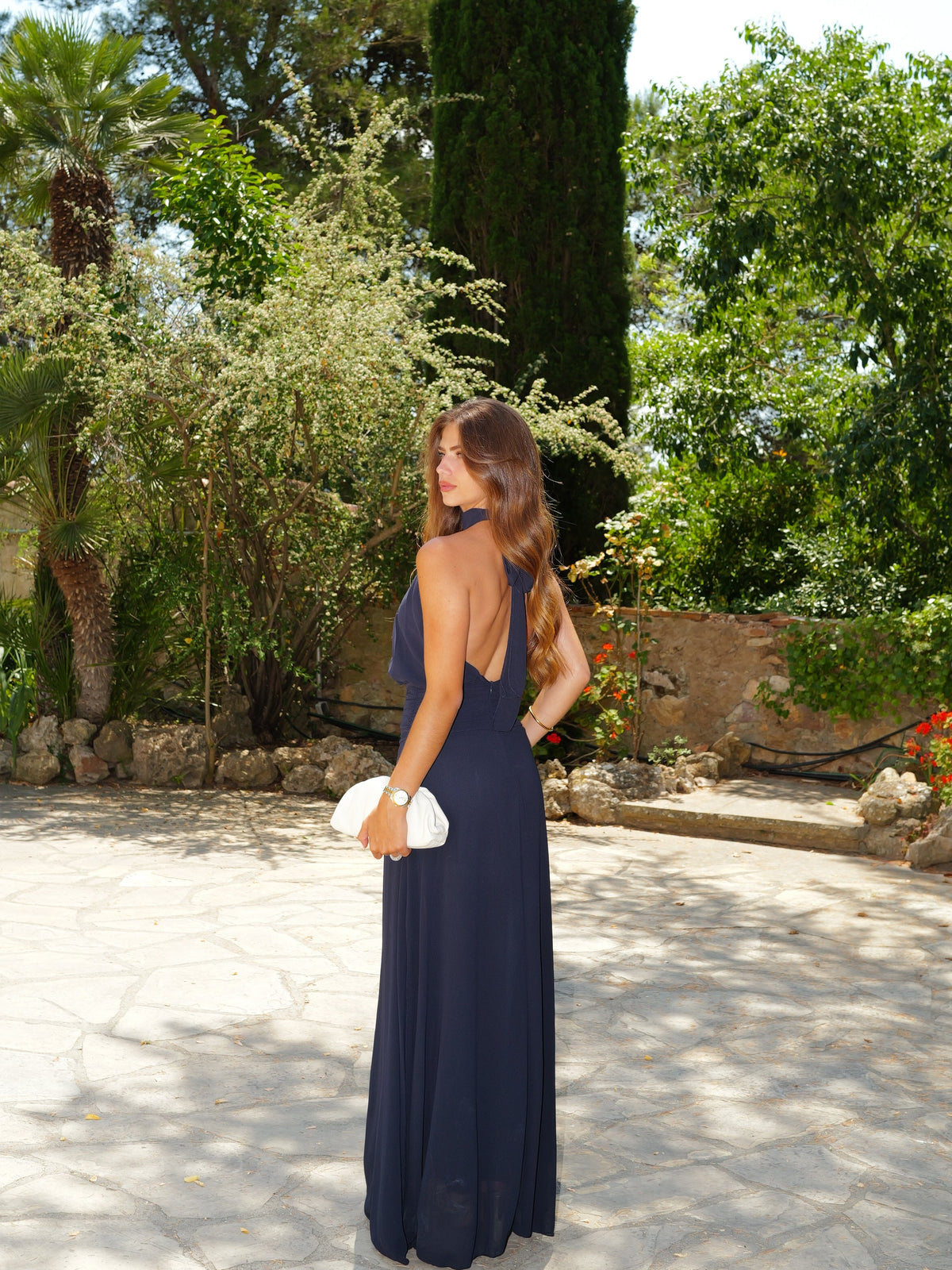 Vestido halter com cintura drapeada, cor azul-marinho