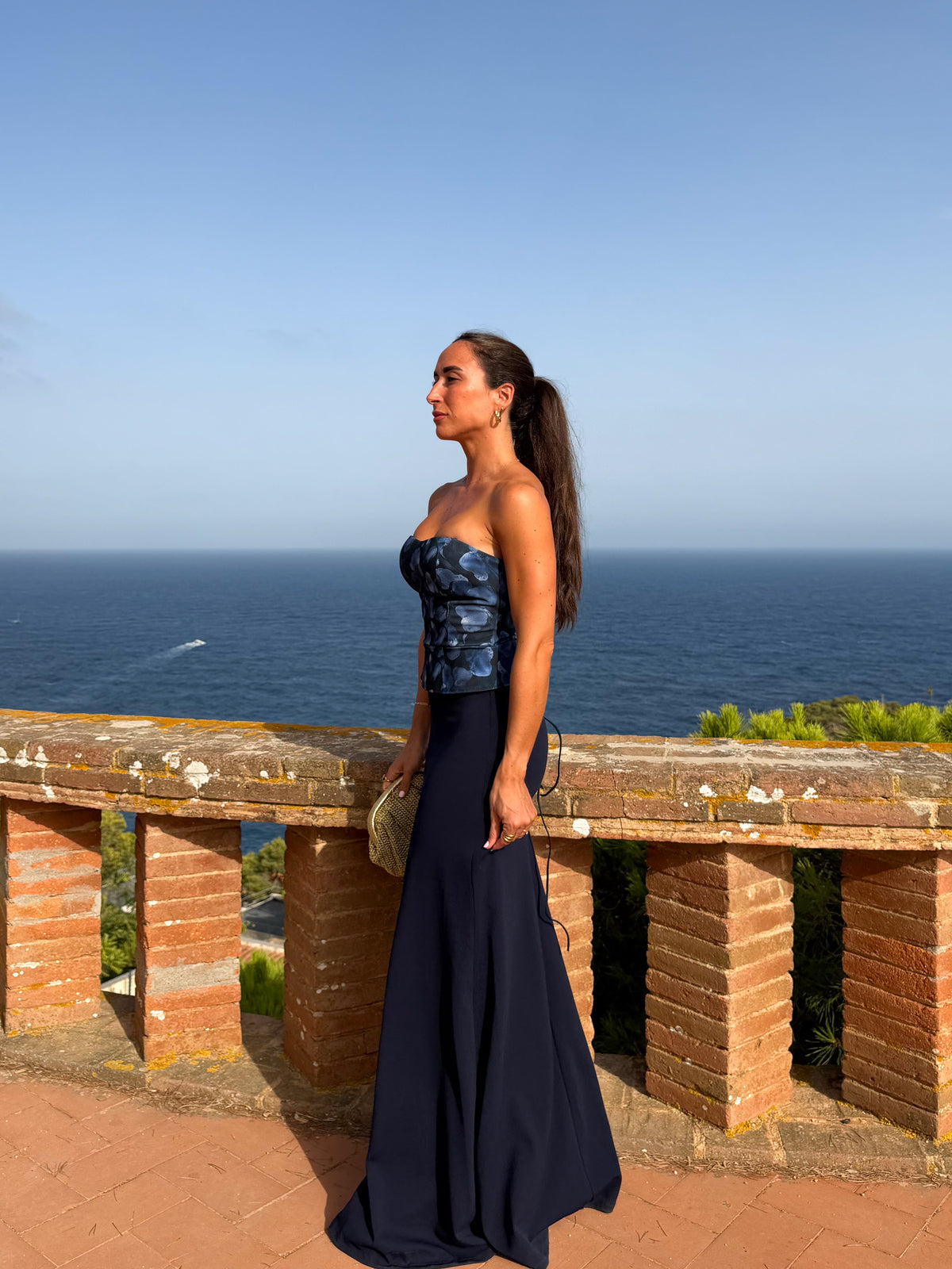 Vestido tipo espartilho com padrão marinho