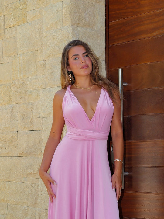 Vestido comprido em tons de rosa