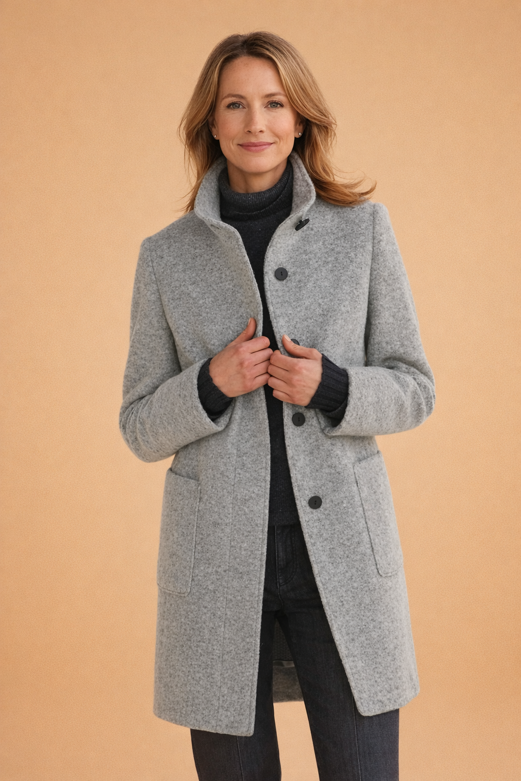 Abrigo largo elegante efecto lana con cuello alto