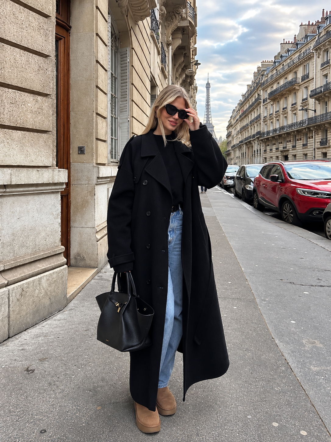 Casaco comprido oversize com cinto e lapela preto