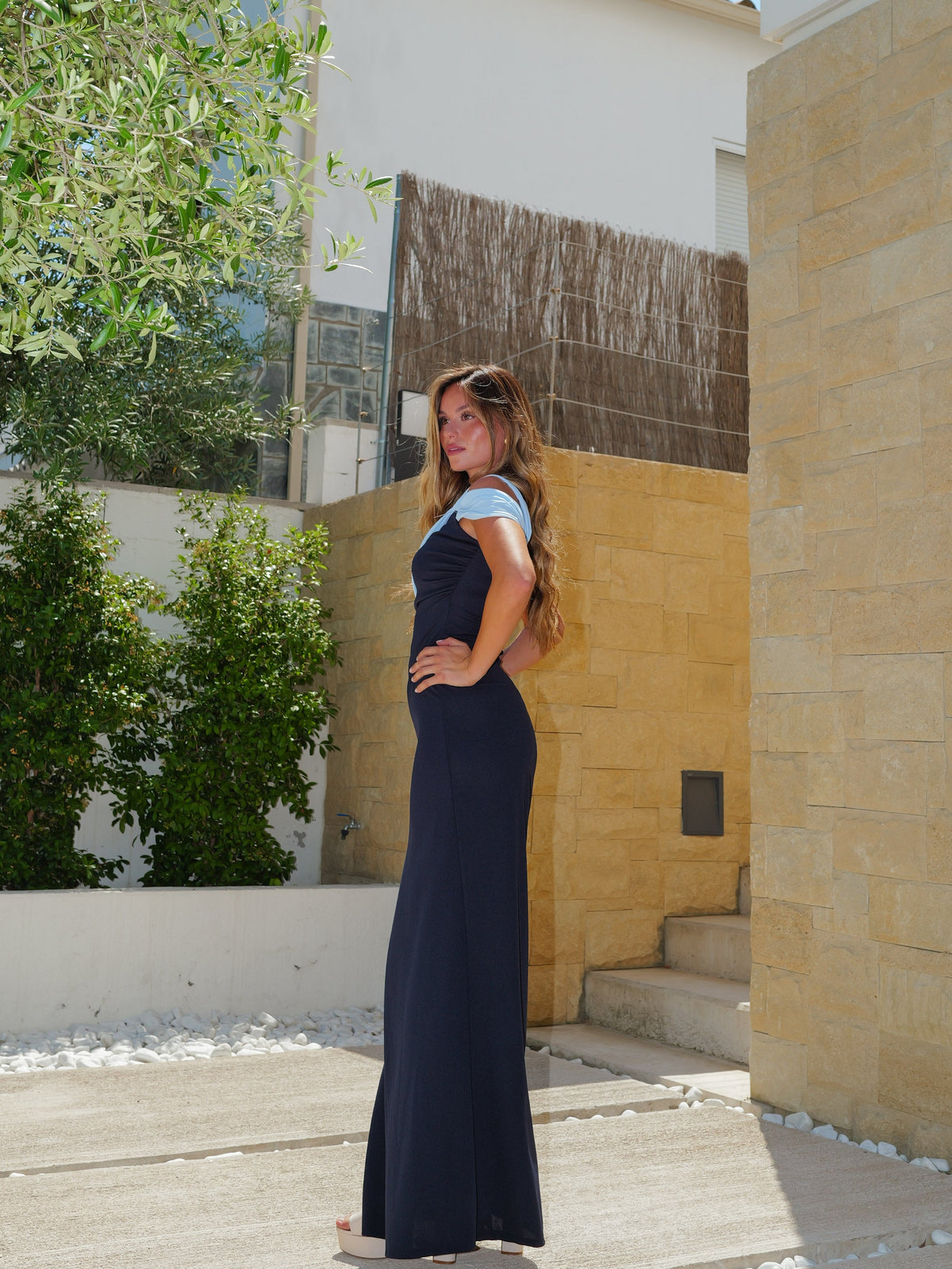 Vestido assimétrico com laço, bicolor, azul-marinho