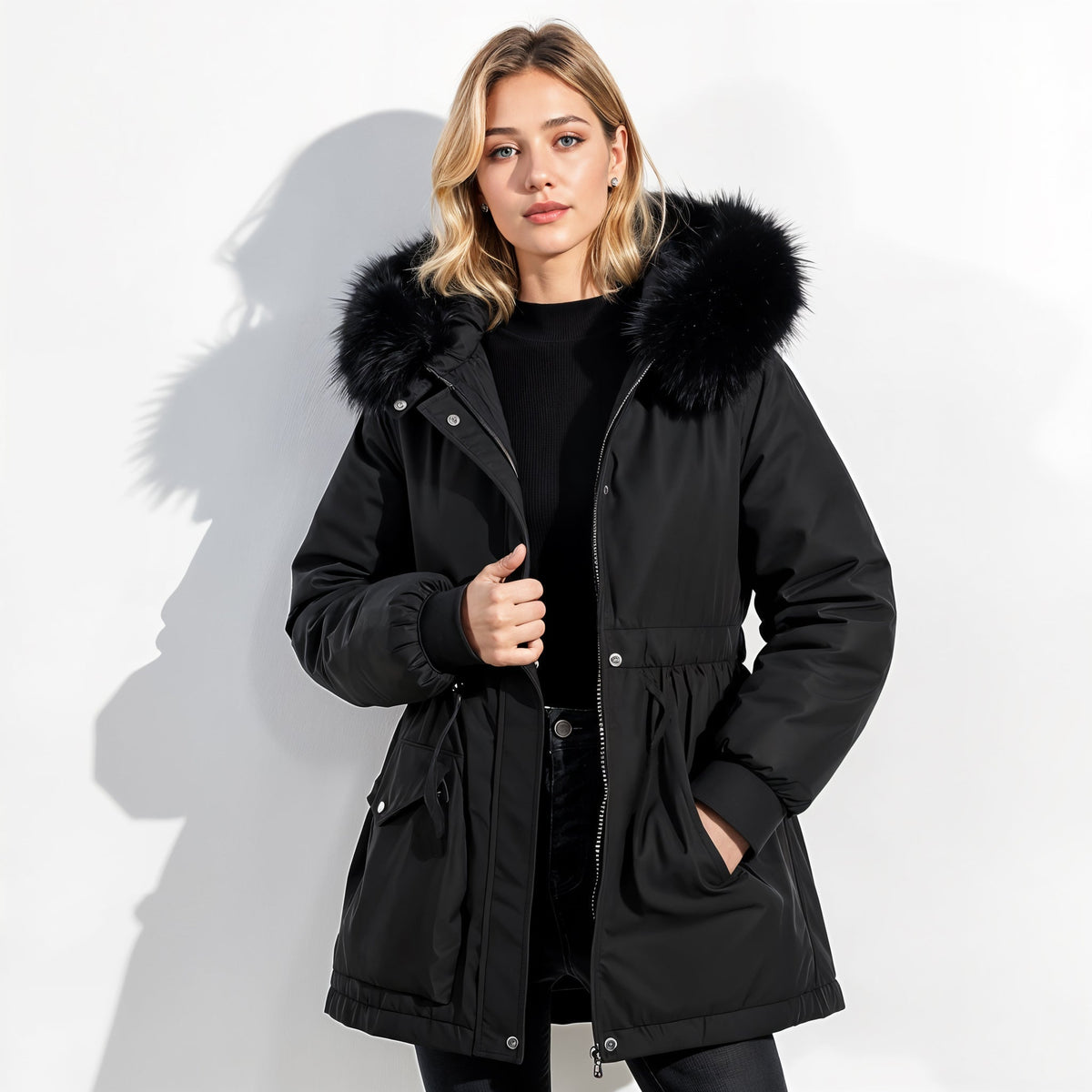 Parka con capucha de pelo sintético