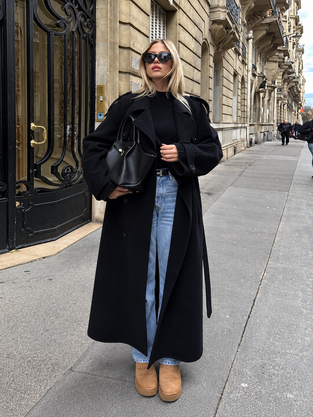 Casaco comprido oversize com cinto e lapela preto