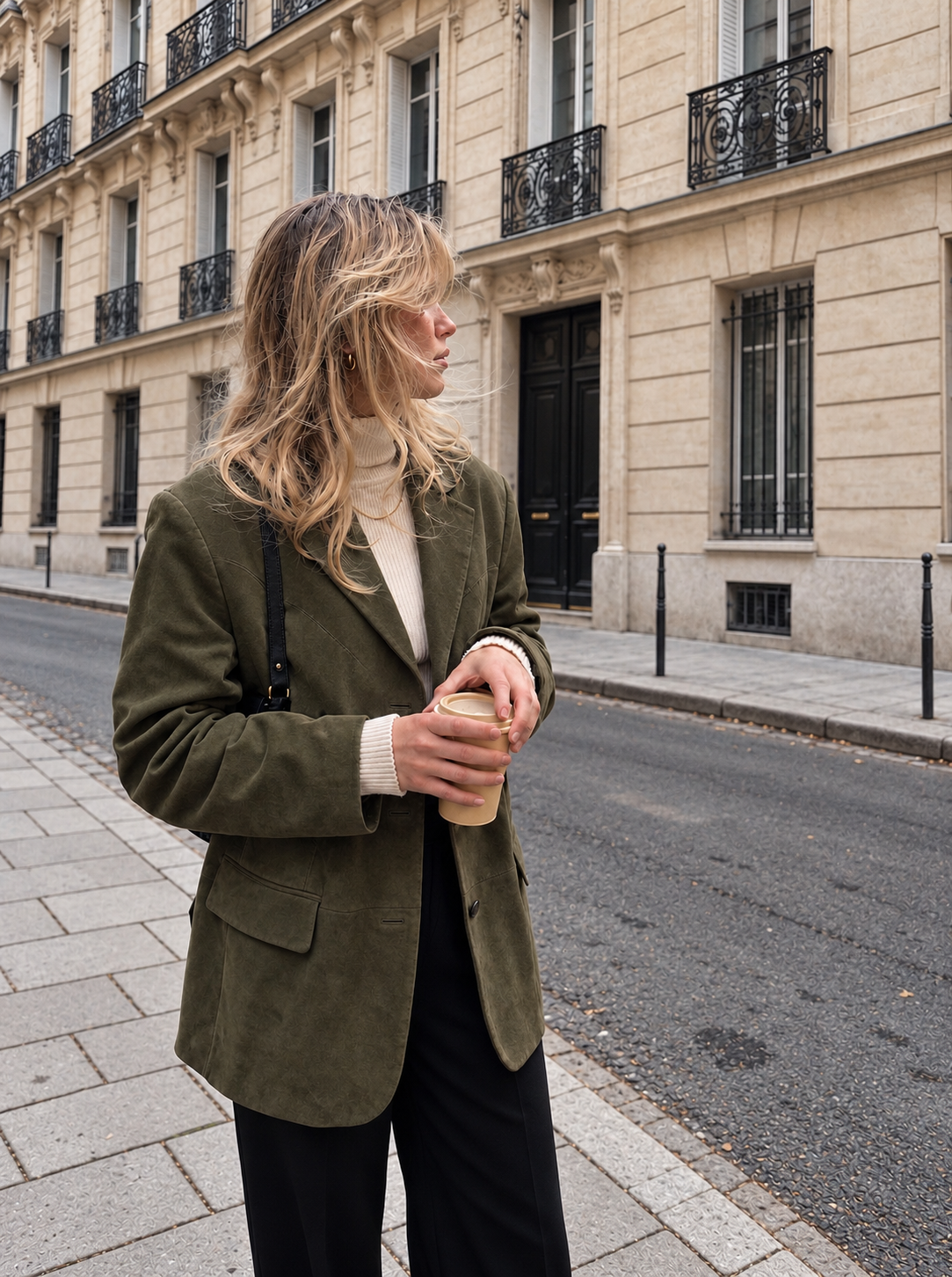 Jaqueta blazer oversize em camurça verde-oliva