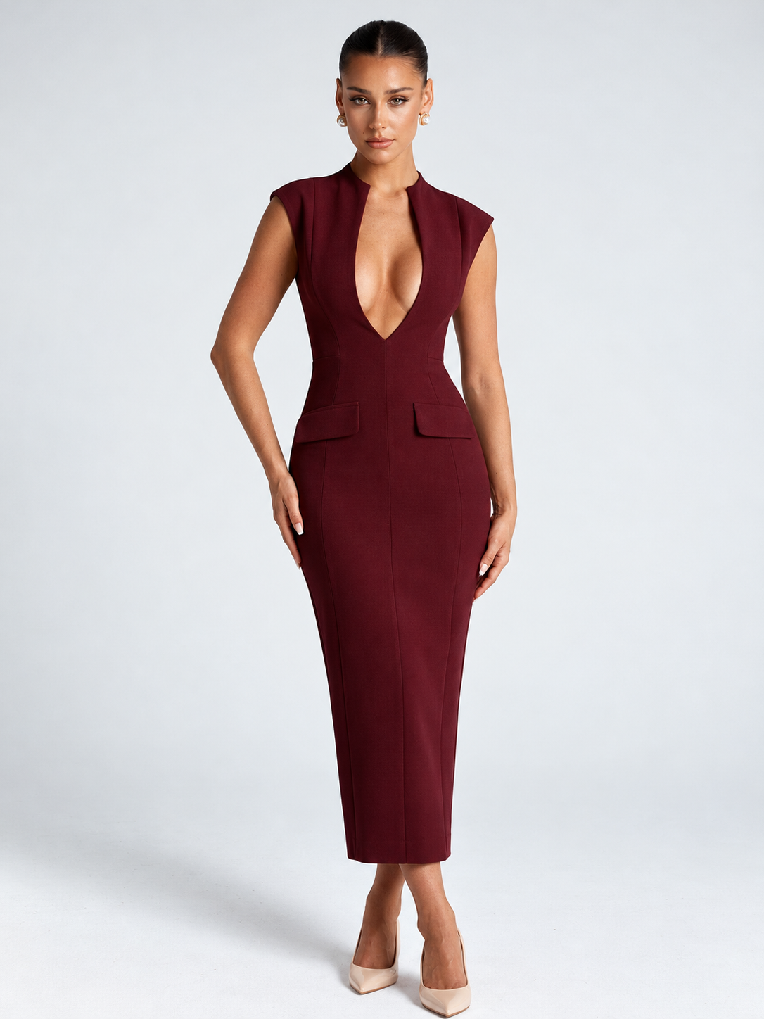 Vestido midi rojo cereza con escote en V profundo