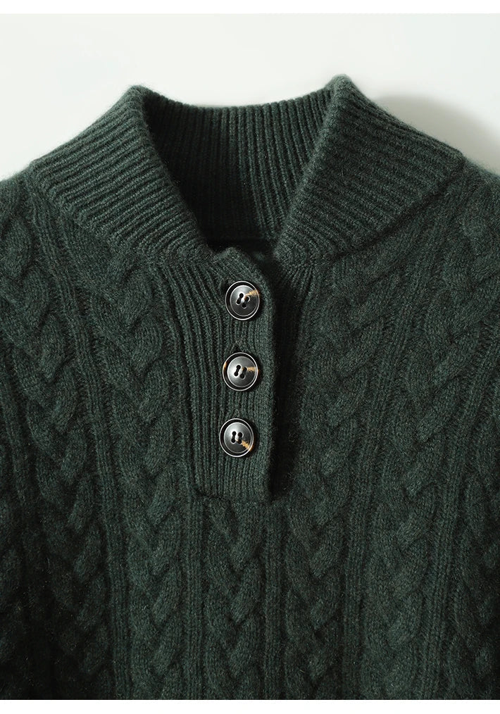 Camisola de malha entrançada com gola alta e botões