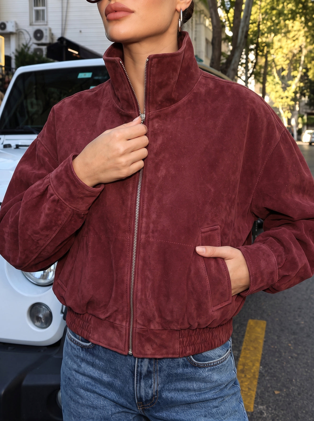 Jaqueta bomber efeito camurça bordô