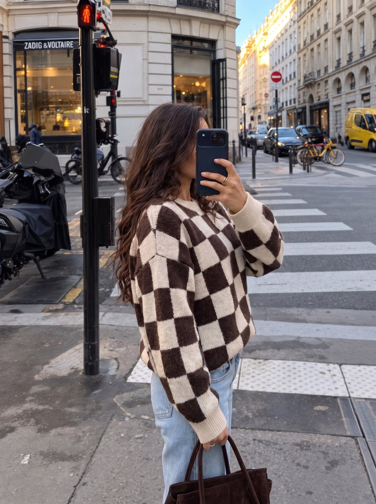Jersey oversize de cuadros marrones y crema