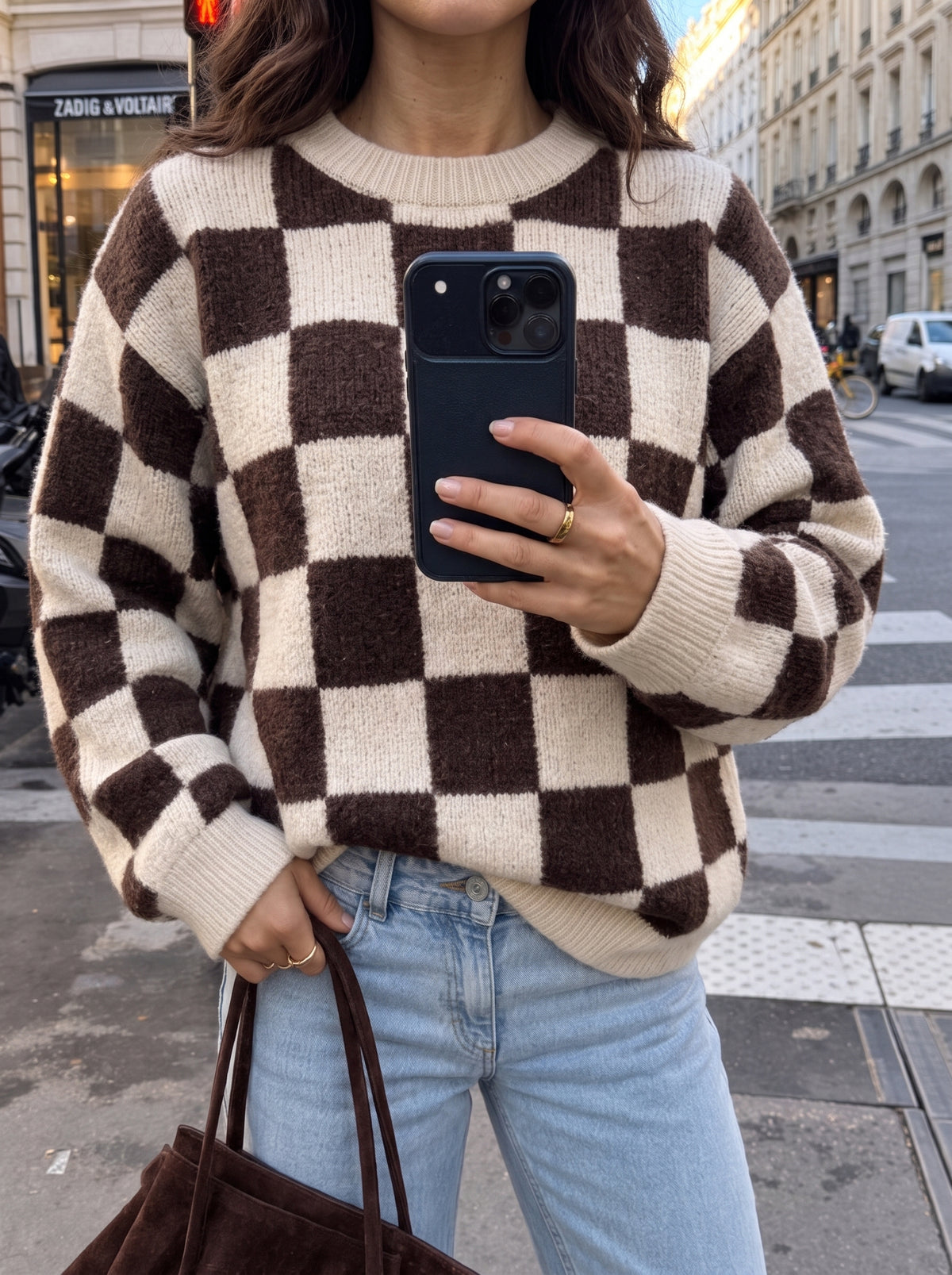 Jersey oversize de cuadros marrones y crema