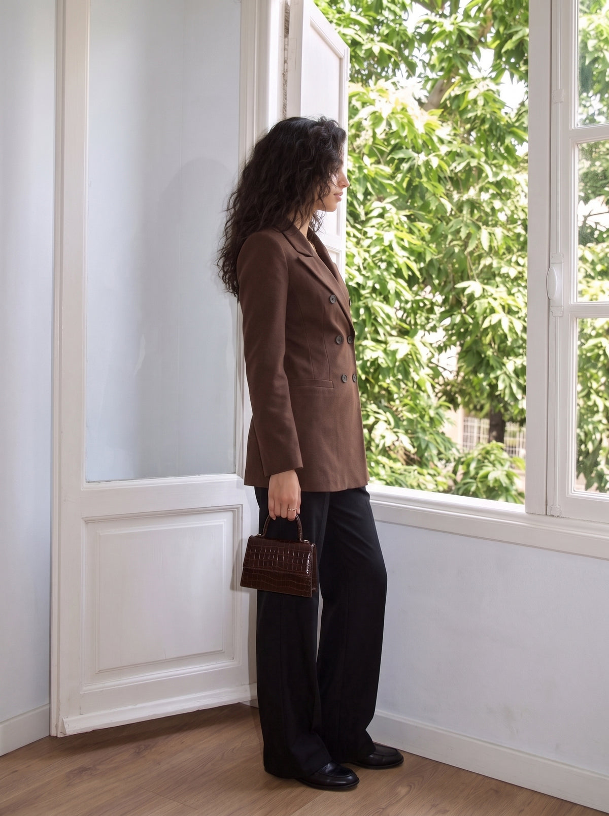 Blazer largo cruzado marrón oscuro