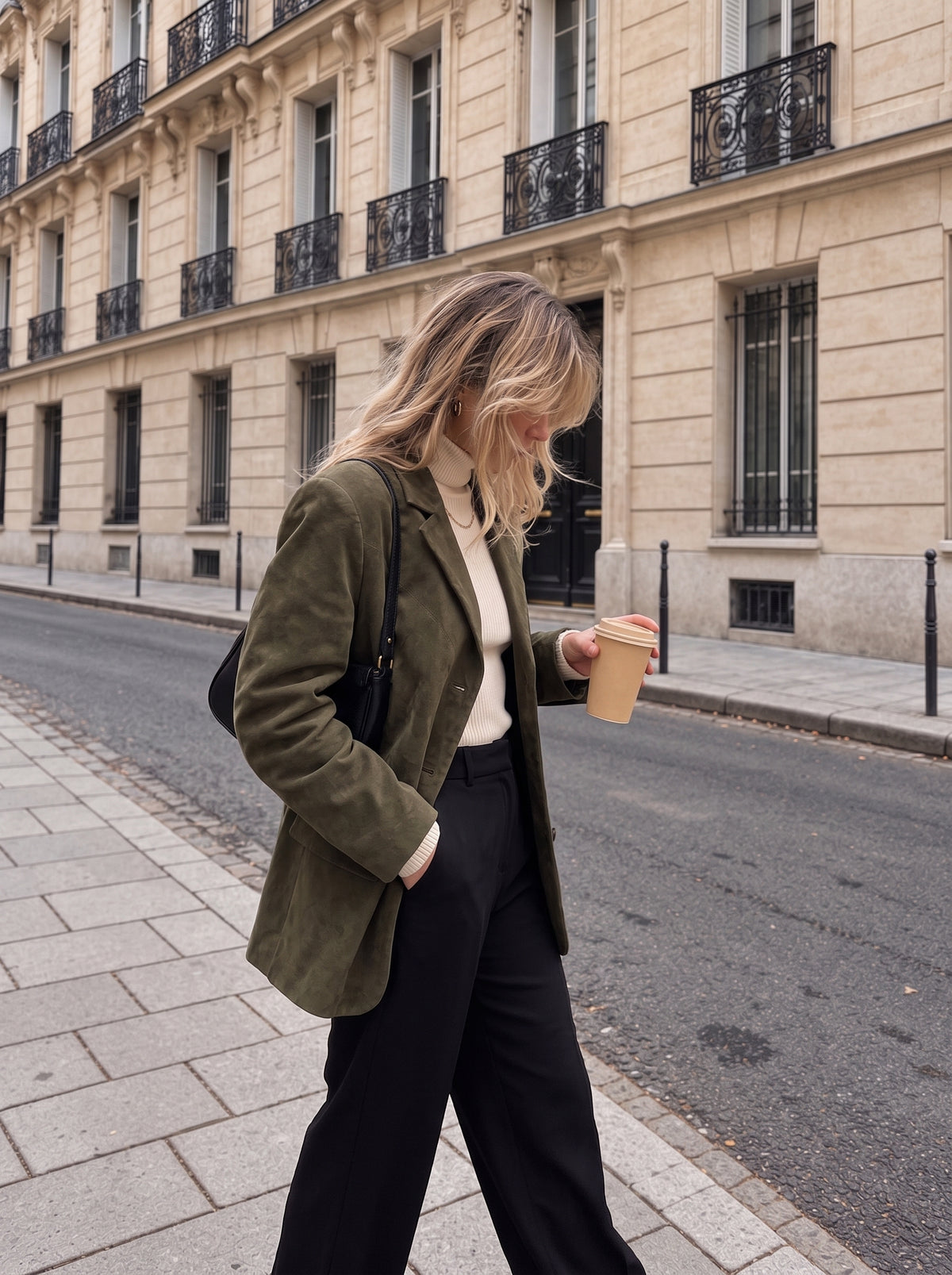 Jaqueta blazer oversize em camurça verde-oliva