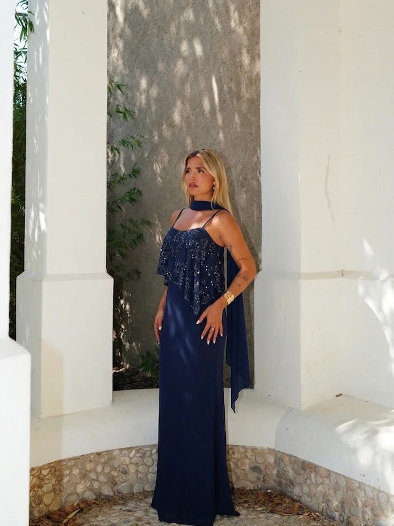 Vestido assimétrico com brilhos, azul-marinho