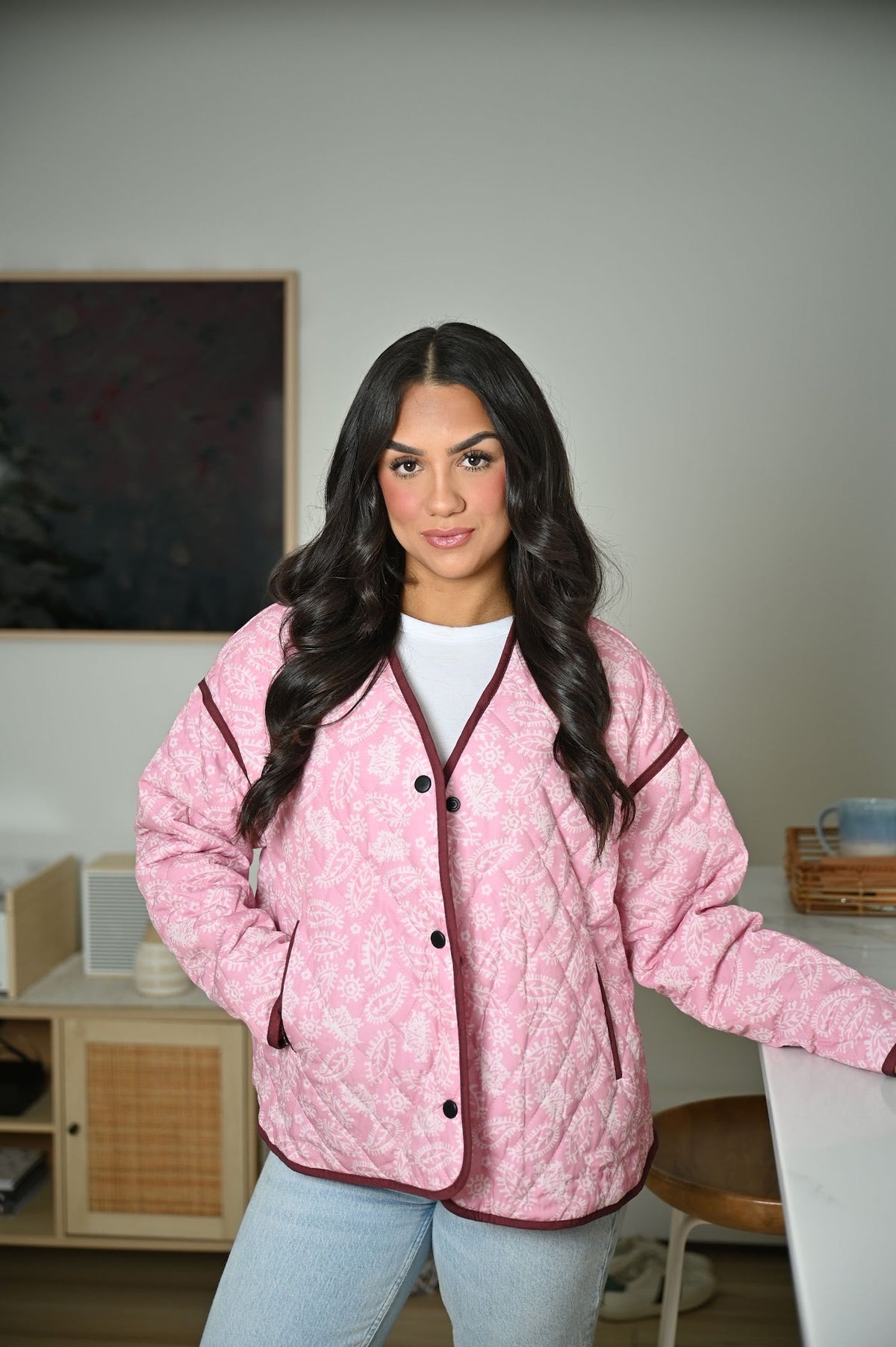 Jaqueta acolchoada cor-de-rosa com padrão