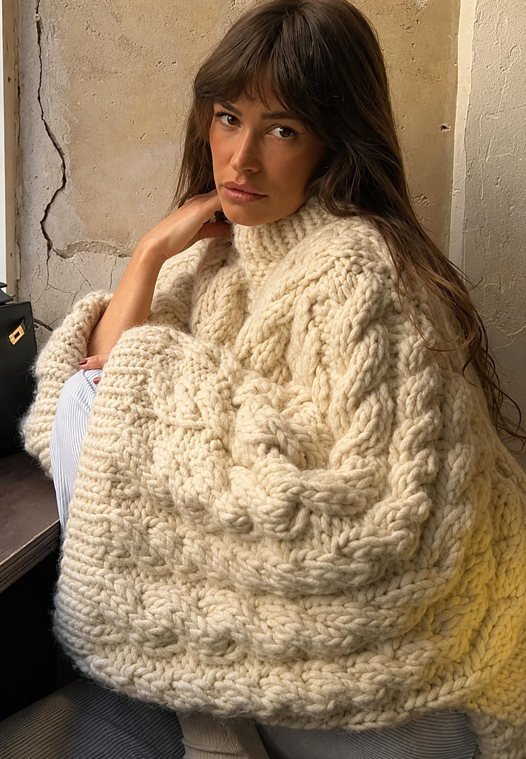 Jersey oversize de punto trenzado con cuello alto y mangas acampanadas