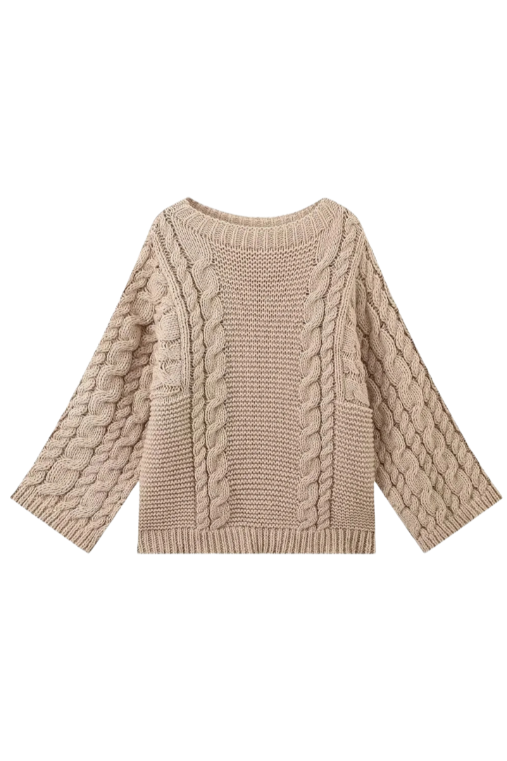 Jersey oversize de punto trenzado con cuello alto y mangas acampanadas